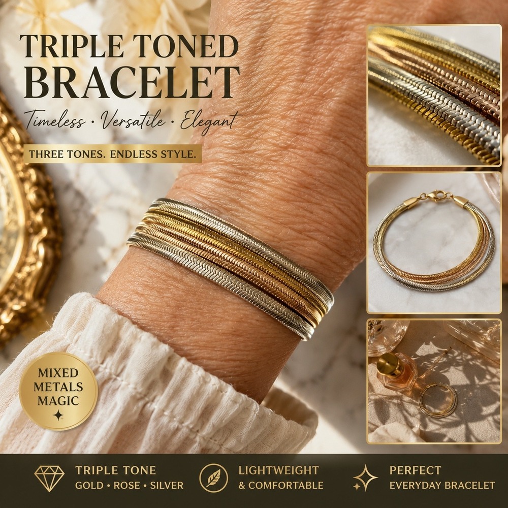 Vintage Triple Tone Herringbone Mixed Metal‎ Bracelet Gold Copper Silver 8 Inch